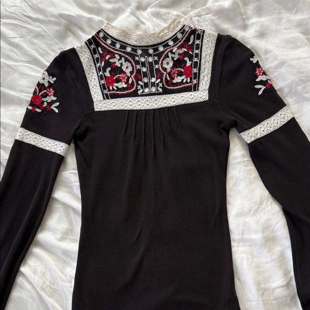 Free People vintage Black Long-Sleeve Top with Red & White Floral Embroidery